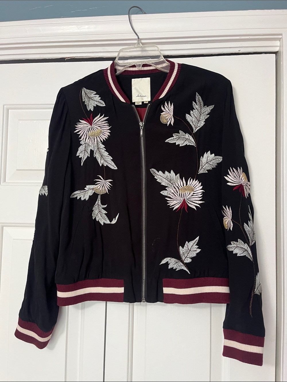 Anthropologie Black Embroidered Floral Bomber Jacket with Burgundy Trim